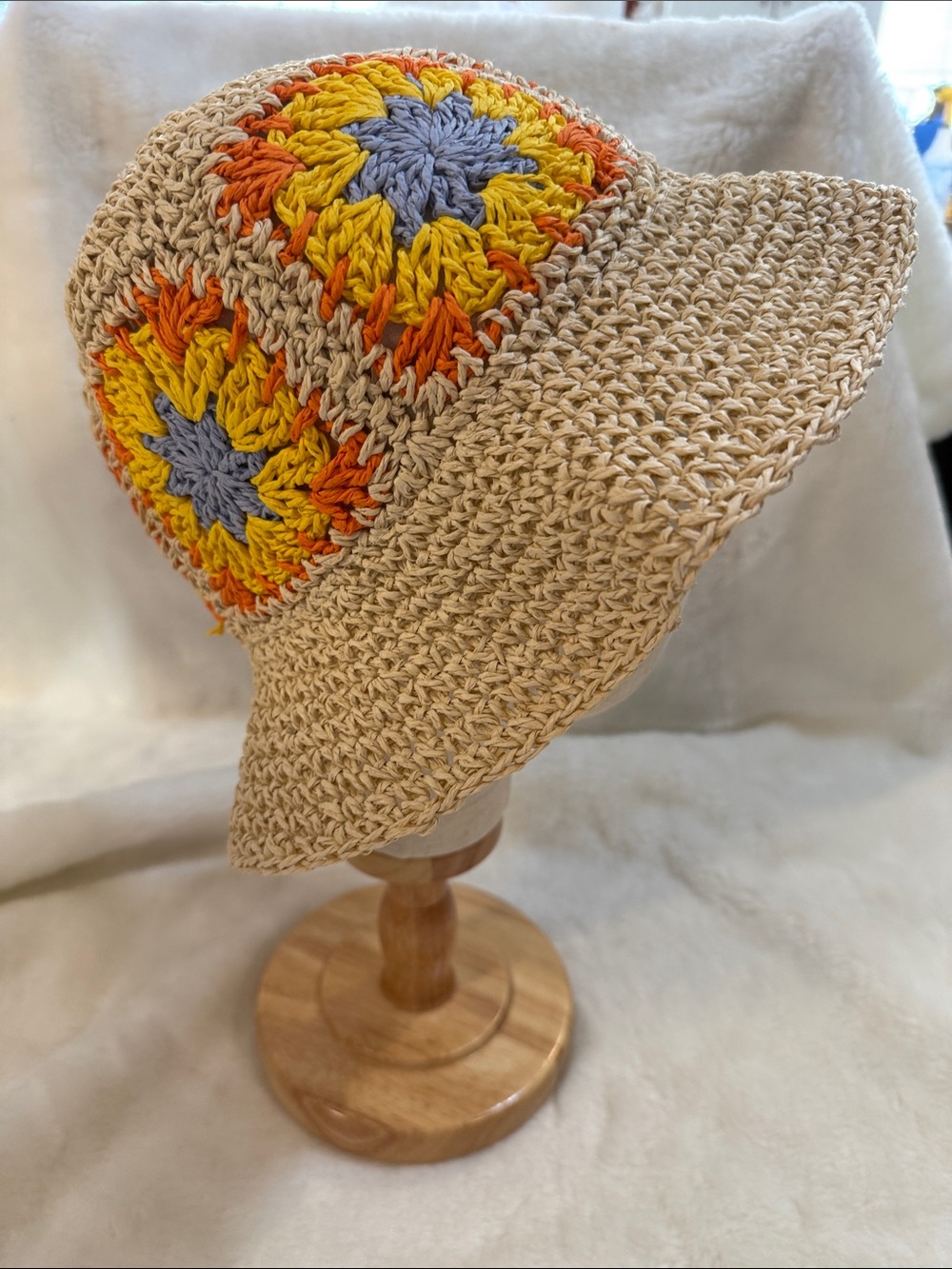 2 Chic Crochet Straw Sun Hat Boho Floral Granny Square Beach Hat Adjustable - Picture 2 of 9